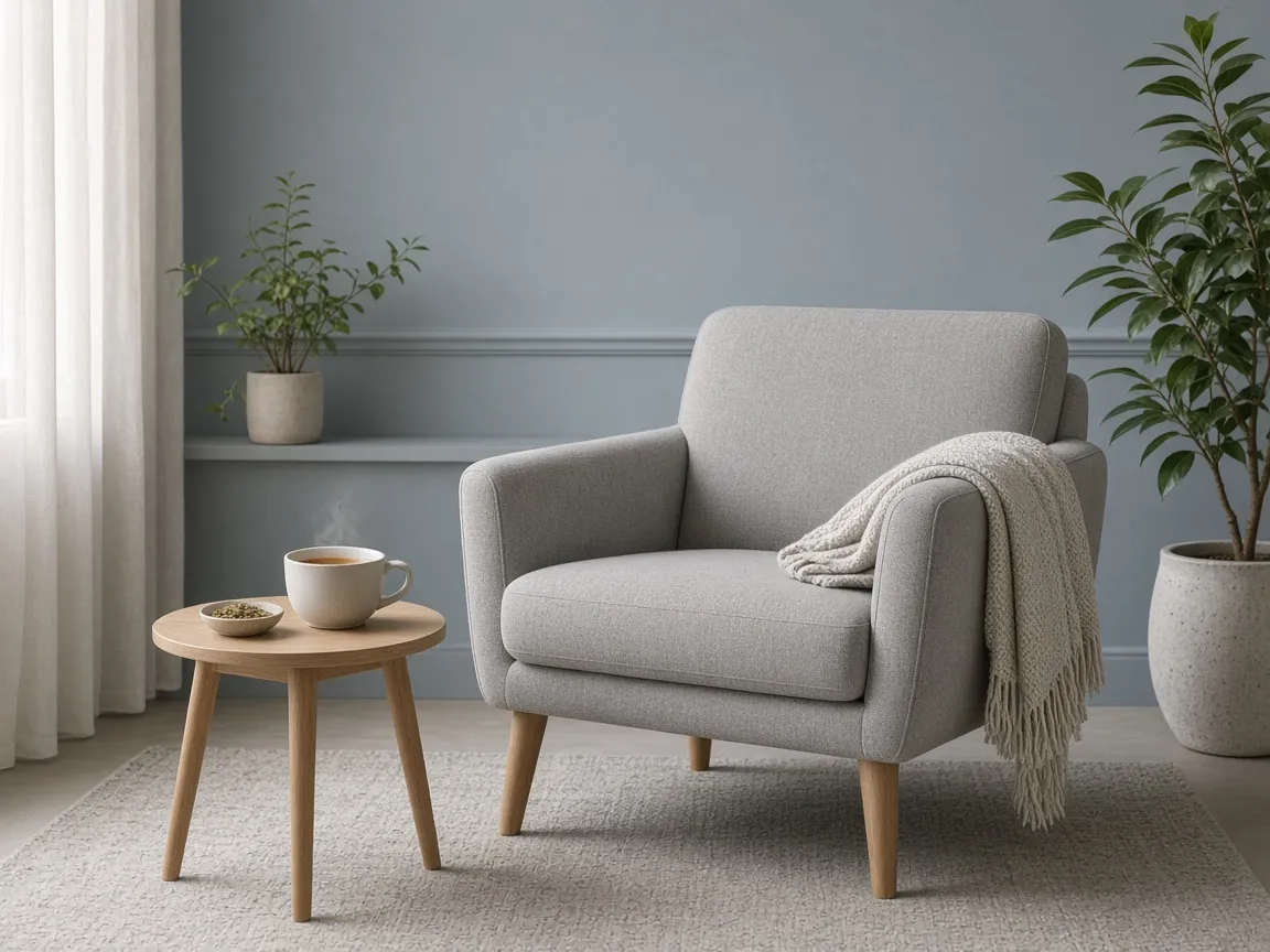 A soft grey armchair with a blanket and a cup of tea in a quiet waiting room