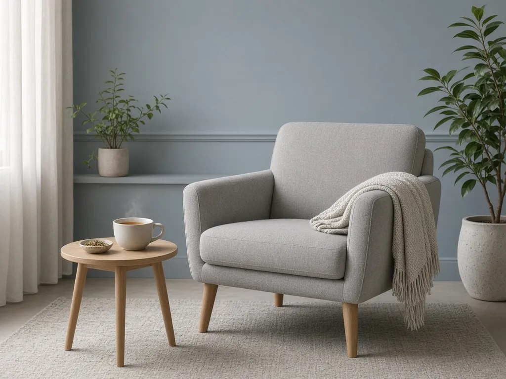 A soft grey armchair with a blanket and a cup of tea in a quiet waiting room