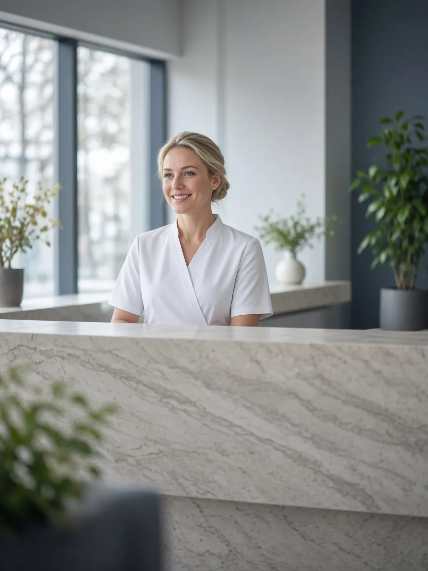 The front desk, where a receptionist welcomes patients