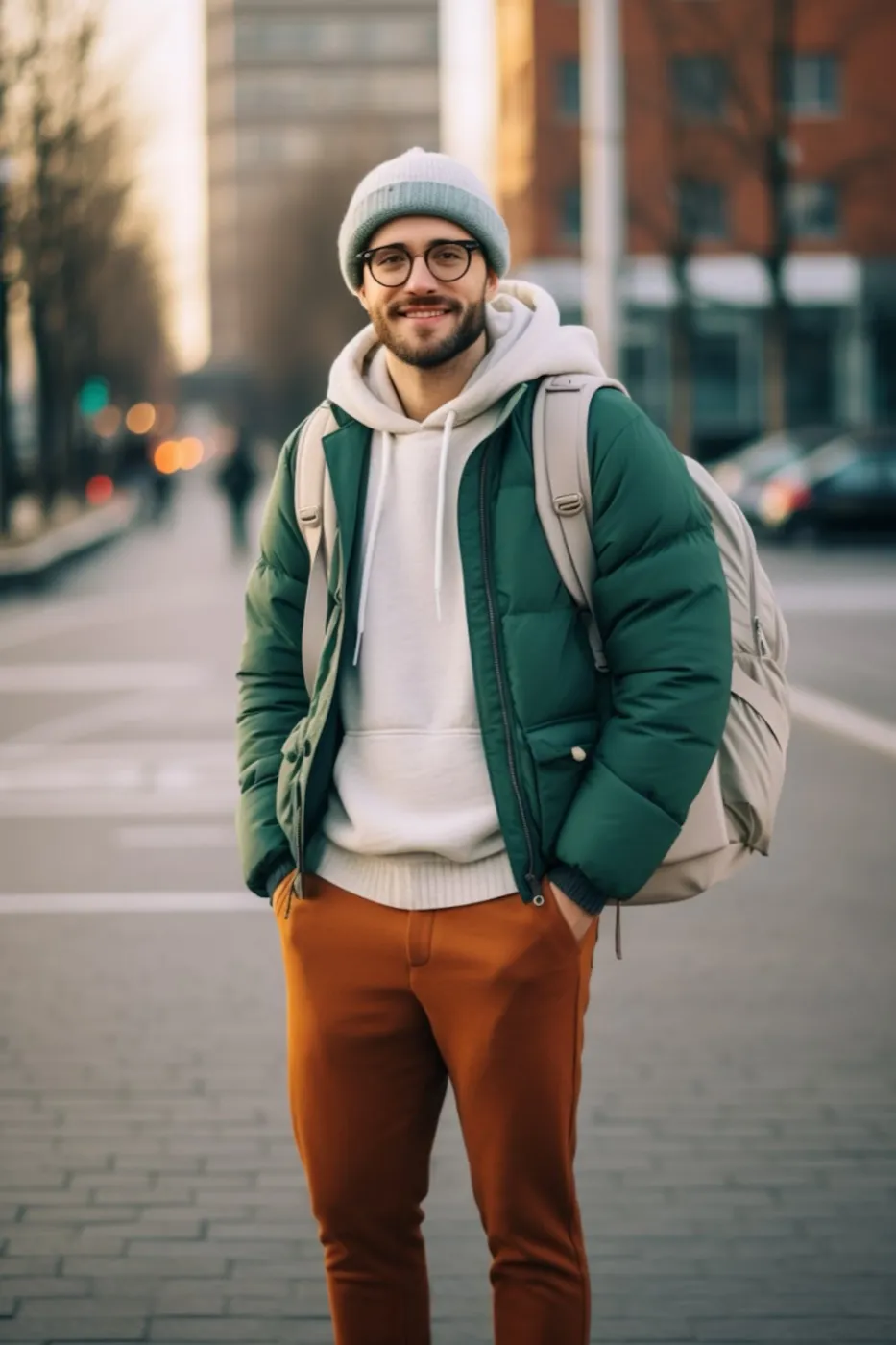 A smiling patient in a winter jacket on a city street